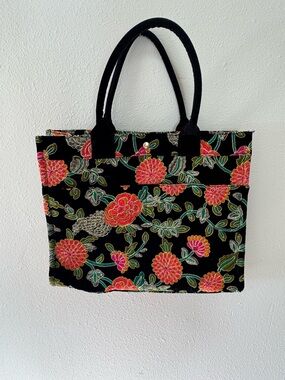 Sezane Black Tote with Pink and Green Floral Embroidery NWT